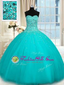 Colorful Sleeveless Floor Length Beading Lace Up 15 Quinceanera Dress with Turquoise