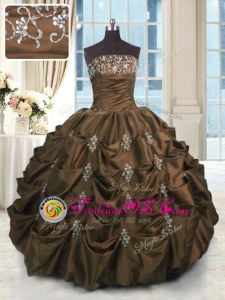 Glittering Chocolate Ball Gowns Taffeta Strapless Sleeveless Beading and Appliques and Embroidery and Pick Ups Floor Length Lace Up Quinceanera Dress