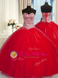 Fantastic Red Lace Up Halter Top Beading and Sequins 15th Birthday Dress Tulle Sleeveless