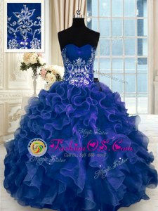 Sweetheart Sleeveless Sweet 16 Dress Floor Length Beading and Appliques and Ruffles Navy Blue Organza