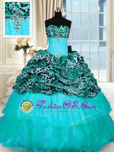 Custom Design Ruffled Sweep Train Ball Gowns Sweet 16 Dresses Aqua Blue Strapless Organza and Printed Sleeveless Lace Up