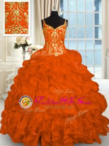 Orange Red Spaghetti Straps Lace Up Beading and Ruffles Quinceanera Gowns Brush Train Sleeveless