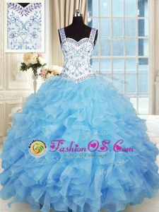 Adorable Floor Length Baby Blue Sweet 16 Dress Organza Sleeveless Beading and Appliques and Ruffles