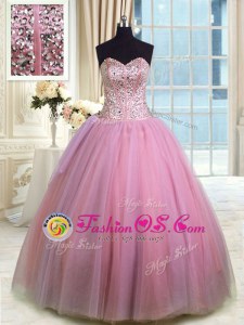 Rose Pink Organza Lace Up Sweetheart Sleeveless Floor Length Quinceanera Gowns Beading and Ruching