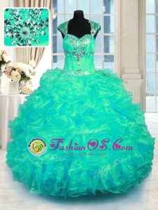 Fashion Straps Cap Sleeves Lace Up Quince Ball Gowns Turquoise Organza