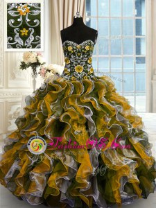Latest Multi-color Organza Lace Up Sweetheart Sleeveless Floor Length Quinceanera Gown Beading and Ruffles