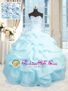 Superior Spaghetti Straps Sleeveless Sweet 16 Dress Brush Train Beading and Embroidery and Ruffles and Pick Ups Royal Blue Organza
