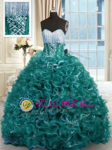Turquoise Ball Gowns Organza Sweetheart Sleeveless Beading and Ruffles With Train Lace Up Quinceanera Dresses Brush Train