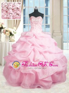 Hot Selling Beading and Ruffles Quinceanera Gown Pink Lace Up Sleeveless Floor Length