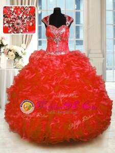 Straps Cap Sleeves Lace Up Sweet 16 Dress Red Organza