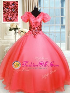 V-neck Short Sleeves Organza 15th Birthday Dress Appliques Lace Up