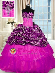 Sequins Ruffled Strapless Sleeveless Sweep Train Lace Up Quinceanera Gowns Fuchsia Organza and Printed