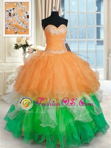 Three Piece Apple Green Ball Gowns Strapless Sleeveless Tulle Floor Length Lace Up Beading and Ruffles Vestidos de Quinceanera