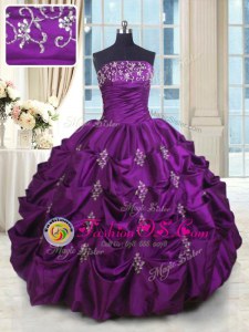 Trendy Strapless Sleeveless Sweet 16 Dresses Floor Length Beading and Appliques and Embroidery and Pick Ups Eggplant Purple Taffeta