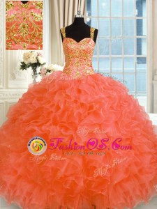 Nice Organza Straps Sleeveless Lace Up Embroidery and Ruffles Quinceanera Gowns in Orange Red