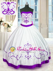 Top Selling White Satin Lace Up Quinceanera Gown Sleeveless Floor Length Beading and Embroidery