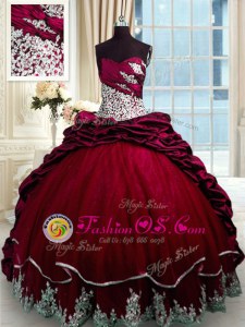 Wine Red Taffeta Lace Up 15 Quinceanera Dress Sleeveless With Brush Train Beading and Appliques and Pick Ups