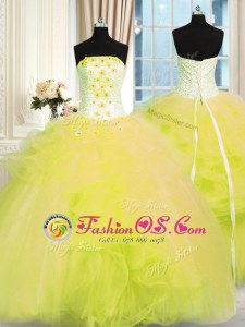 Flare Yellow Green Lace Up Sweet 16 Quinceanera Dress Beading and Ruffles Sleeveless Floor Length