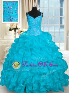 Colorful Aqua Blue Organza Lace Up Quinceanera Dress Sleeveless Brush Train Beading and Embroidery and Ruffles