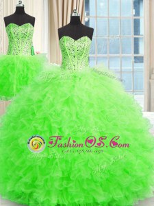 Three Piece Tulle Lace Up Sweet 16 Dresses Sleeveless Floor Length Beading and Ruffles