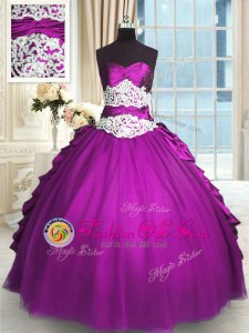 Traditional Taffeta and Tulle Sleeveless Floor Length Quince Ball Gowns and Beading and Lace and Ruching and Pick Ups