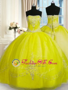 Eye-catching Beading and Embroidery Quinceanera Dresses Yellow Green Lace Up Sleeveless Floor Length