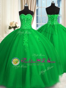 Enchanting Green Ball Gowns Tulle Sweetheart Sleeveless Appliques and Embroidery Floor Length Lace Up Sweet 16 Dress