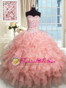 High Class Rose Pink Ball Gowns Organza Sweetheart Sleeveless Beading and Ruffles Floor Length Lace Up Ball Gown Prom Dress