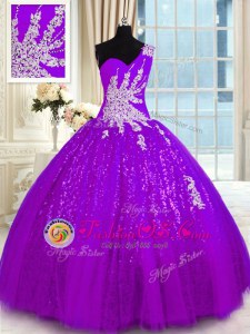 Attractive Purple Sweet 16 Quinceanera Dress Military Ball and Sweet 16 and Quinceanera and For with Appliques One Shoulder Sleeveless Lace Up