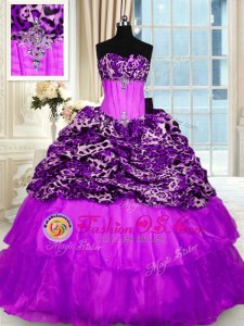 Low Price Printed Purple Sleeveless Beading and Ruffled Layers Lace Up 15 Quinceanera Dress
