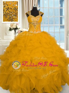 Floor Length Lace Up Quince Ball Gowns Gold and In for Military Ball and Sweet 16 and Quinceanera with Beading and Ruffles