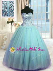 Light Blue Organza Lace Up Sweetheart Sleeveless Floor Length 15 Quinceanera Dress Beading and Ruching