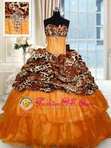 Printed Orange Strapless Lace Up Beading and Ruffled Layers Quinceanera Dress Sweep Train Sleeveless