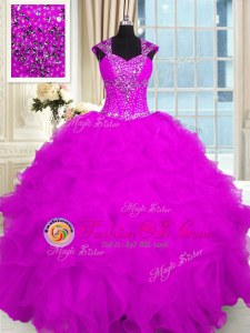 New Style Fuchsia Ball Gowns Straps Cap Sleeves Organza Floor Length Lace Up Beading and Ruffles Quince Ball Gowns