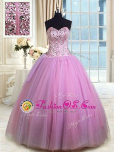Unique Lilac Lace Up Sweetheart Beading and Ruching Sweet 16 Dress Organza Sleeveless