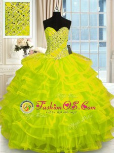 Fine Sleeveless Lace Up Floor Length Beading and Ruffled Layers 15th Birthday Dress