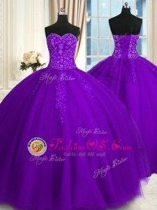 Sweetheart Sleeveless Quinceanera Gowns Floor Length Appliques Purple Tulle