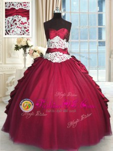 Long Sleeves Taffeta and Tulle Floor Length Zipper Sweet 16 Quinceanera Dress in Red for with Beading and Lace and Ruching and Pick Ups