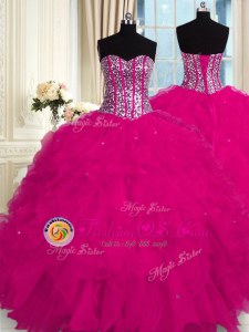 Sumptuous Fuchsia Sweetheart Lace Up Beading and Ruffles Quinceanera Dresses Sleeveless