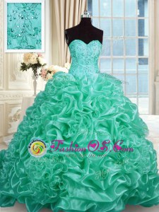 Luxury Turquoise Sleeveless With Train Beading and Pick Ups Lace Up 15 Quinceanera Dress