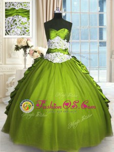 Adorable Olive Green Taffeta and Tulle Lace Up Quinceanera Gown Sleeveless Floor Length Beading and Lace and Appliques and Ruching