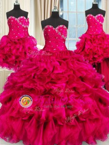 Dynamic Four Piece Hot Pink Sleeveless Beading and Ruffles and Ruching Floor Length Ball Gown Prom Dress