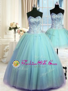 Three Piece Tulle Sweetheart Sleeveless Lace Up Beading Sweet 16 Quinceanera Dress in Blue