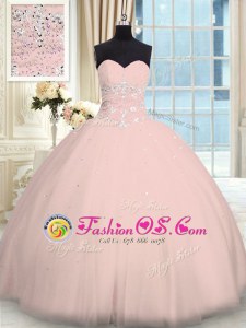 Pink Ball Gowns Beading Quinceanera Gown Lace Up Tulle Sleeveless Floor Length