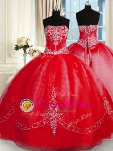 Fashionable Strapless Sleeveless Sweet 16 Quinceanera Dress Floor Length Beading and Embroidery Red Tulle