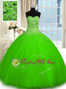 Three Piece Tulle Lace Up Quince Ball Gowns Sleeveless Floor Length Beading and Ruffles