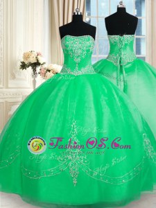 Green Lace Up Strapless Beading and Embroidery Quinceanera Gown Tulle Sleeveless