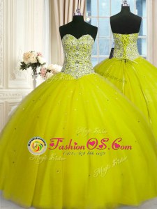 Yellow Green Tulle Lace Up Sweet 16 Quinceanera Dress Sleeveless Floor Length Beading and Sequins