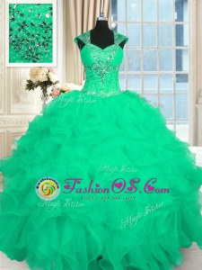 Turquoise Lace Up Sweet 16 Quinceanera Dress Beading and Ruffles and Pattern Cap Sleeves Floor Length