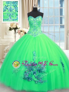 Sweetheart Sleeveless 15th Birthday Dress Floor Length Beading and Appliques and Embroidery Turquoise Tulle